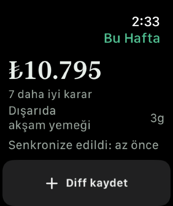 Bir Apple Watch'ta Keep the Diff, bu haftanın Diff'ini, bir sonraki planlanan hatırlatmaya geri sayımı ve bir tane daha kaydetmek için bir düğmeyi gösteriyor.