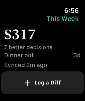 Keep the Diff on an Apple Watch, showing this week's Diff, a countdown to the next planned check-in and a button to log another.