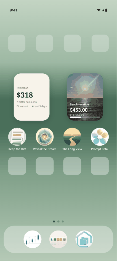 An Android home screen with two Keep the Diff widgets: this week at $318 from 7 better decisions, and a beach vacation goal at $453.00 of $1,200.00.