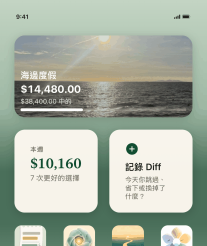 有三個 Keep the Diff 小工具的 iPhone 主畫面：記一筆 Diff、本週來自七個更好決定的 317 美元 Diff，還有 1200 美元中已達成 452 美元、附照片的海邊度假目標。